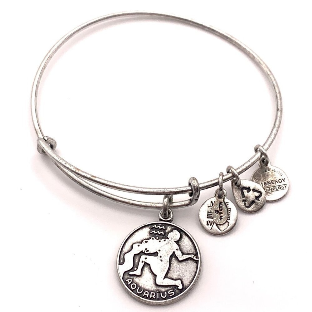 Alex and Ani Aquarius Zodiac Charm Bracelet Silver Finish Expands 2"- 3.5"